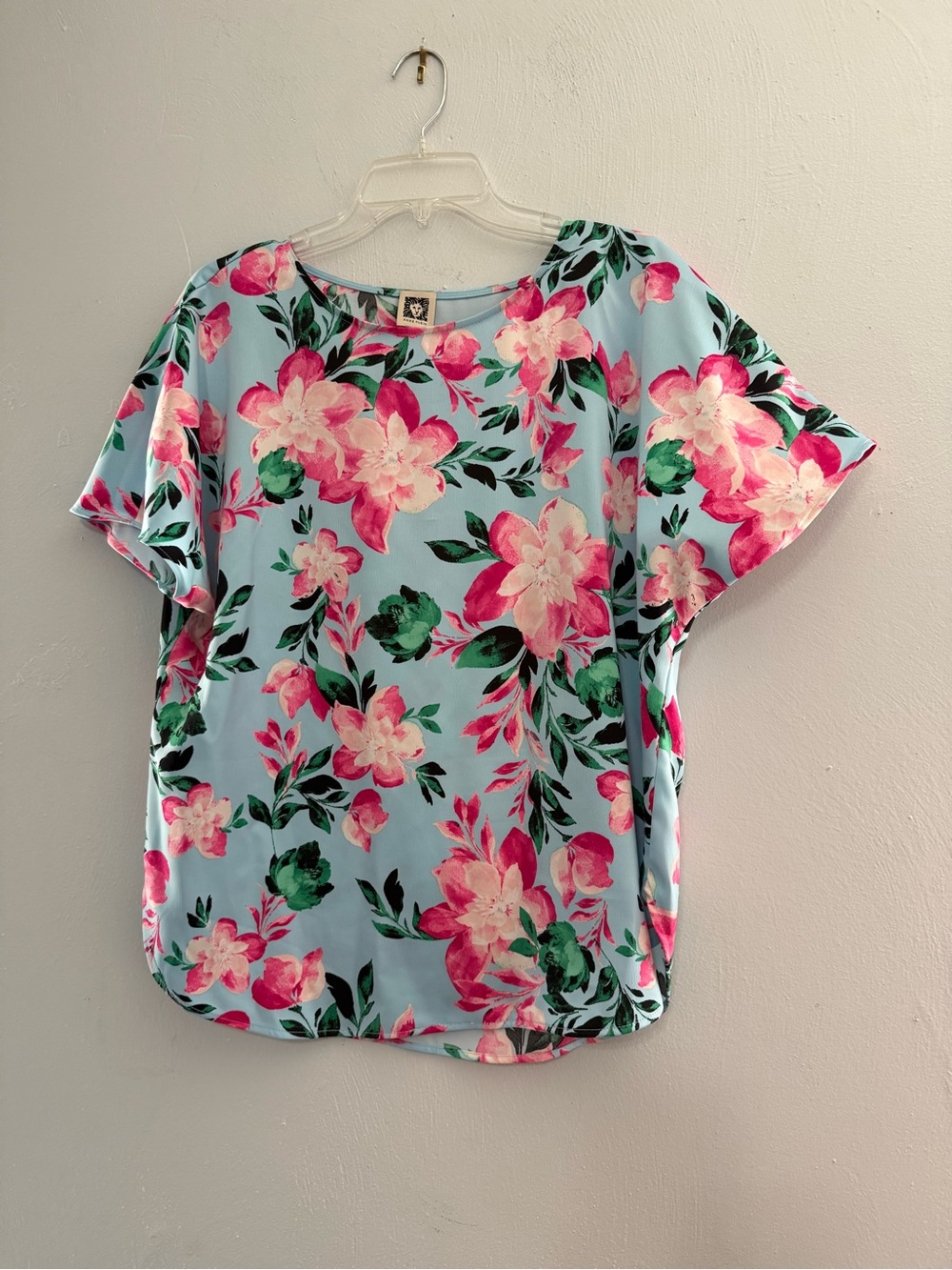 Anne Klein Light Blue Floral Short Sleeve Blouse with Pink Blooms